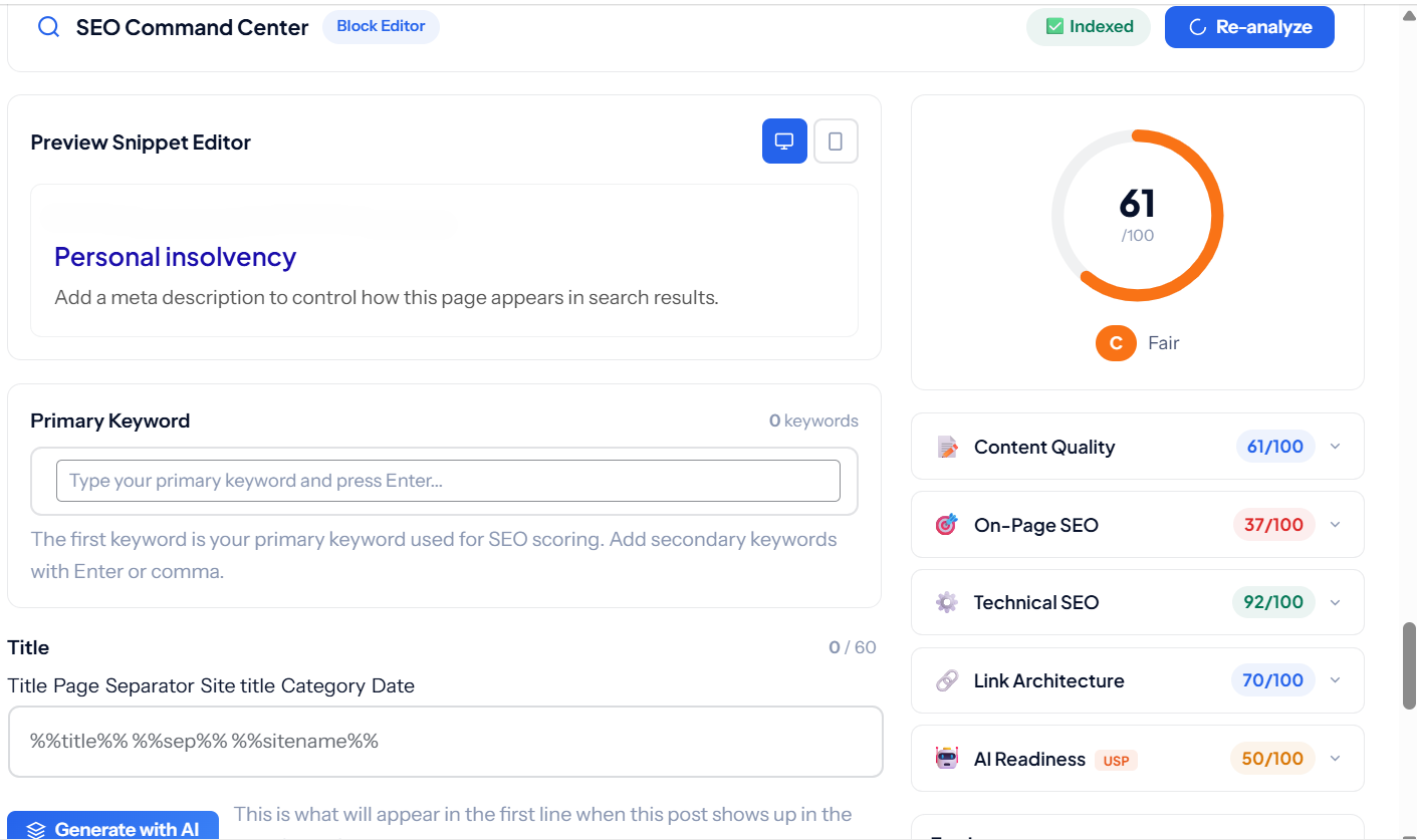 On-Page SEO Checker — Live analysis inside Gutenberg