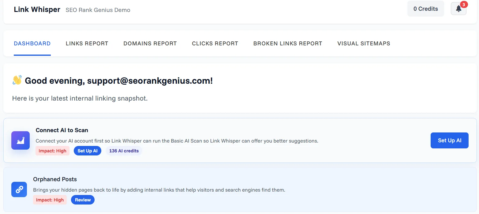 Link Whisper free dashboard showing the Connect AI to Scan prompt, orphaned posts and link coverage cards
