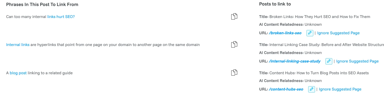 Link Whisper suggested links panel in the WordPress post editor