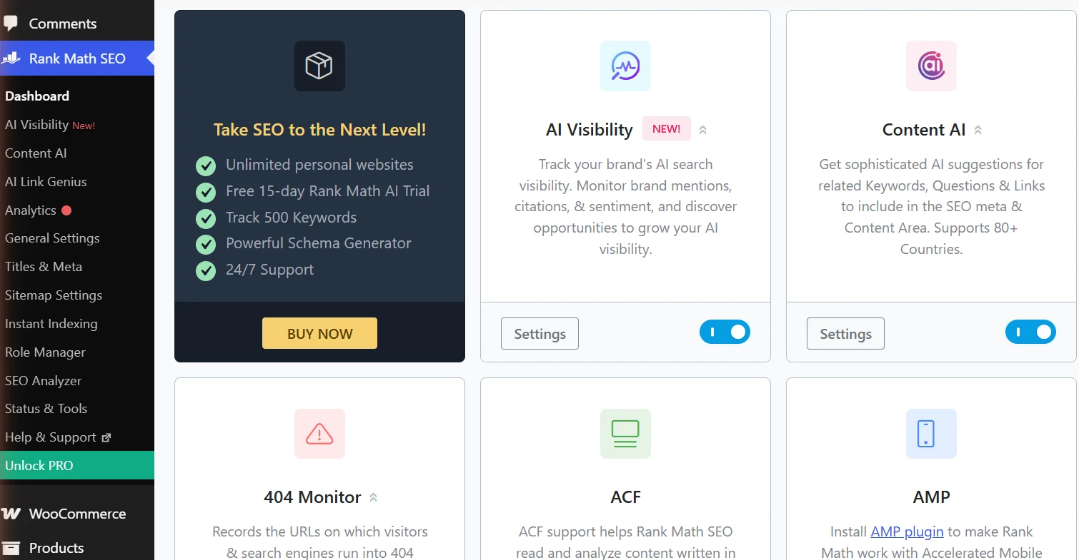 Rank Math SEO modules screen with AI Visibility, Content AI and 404 Monitor