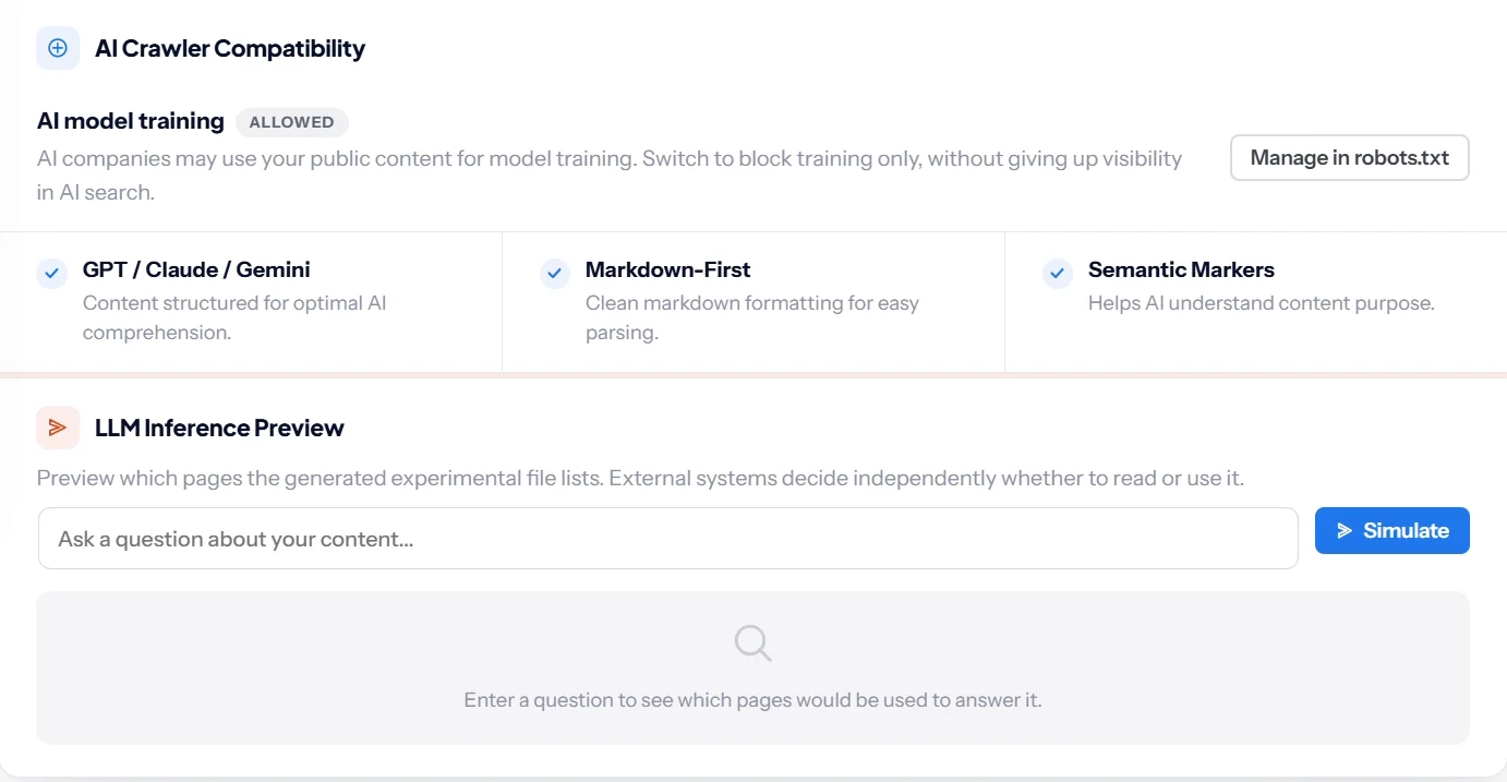SEO Rank Genius AI Crawler Compatibility setting for AI model training and LLM Inference Preview