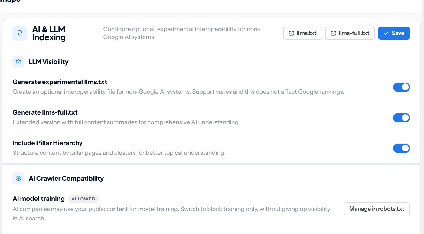 SEO Rank Genius AI and LLM Indexing settings for llms.txt, llms-full.txt and pillar hierarchy