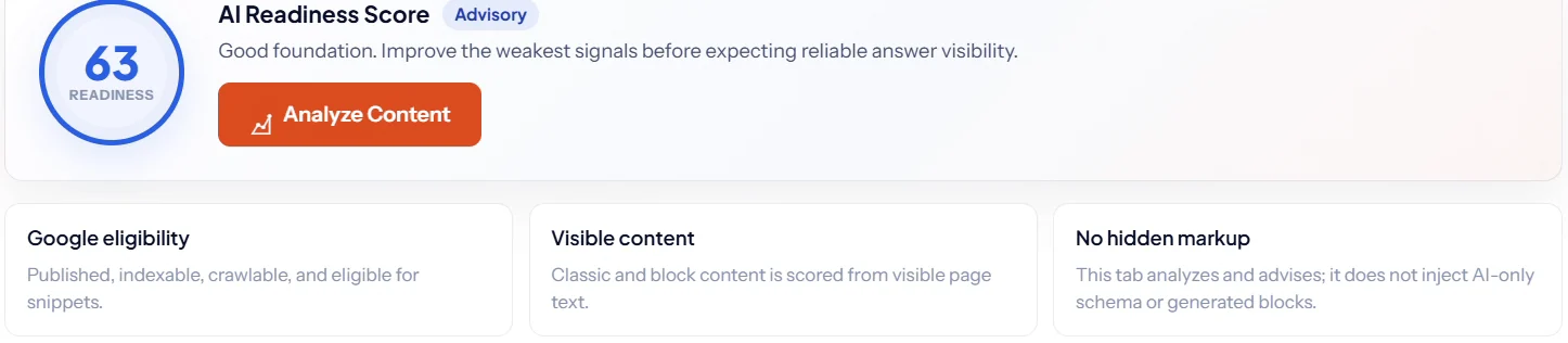 SEO Rank Genius AI Readiness Score of 63 with Google eligibility, visible content and no hidden markup checks