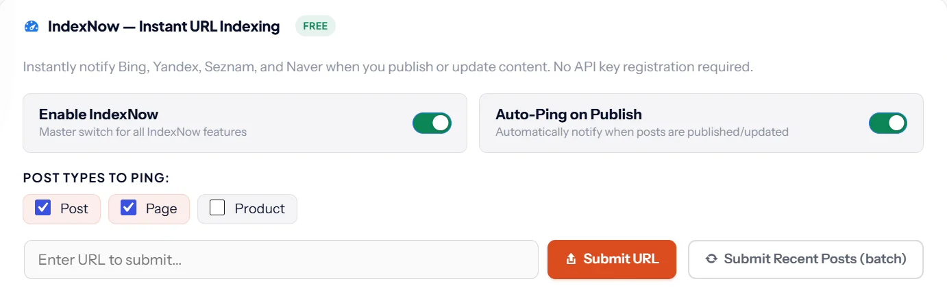 SEO Rank Genius IndexNow settings with Enable IndexNow and Auto Ping on Publish switched on and post types to ping
