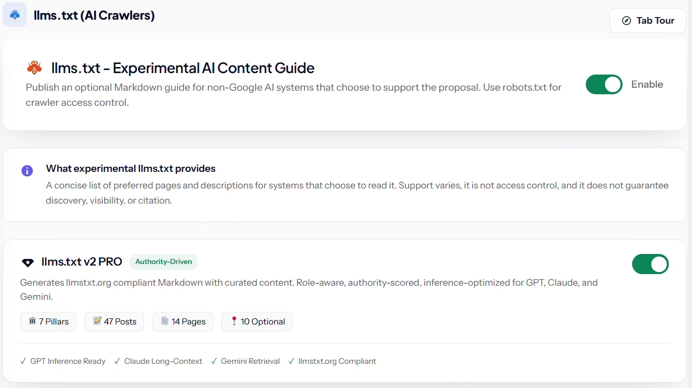 SEO Rank Genius llms.txt tab with the experimental AI content guide switched on