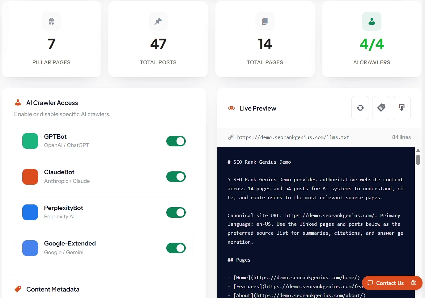 SEO Rank Genius AI crawler access switches next to a live preview of the generated llms.txt file