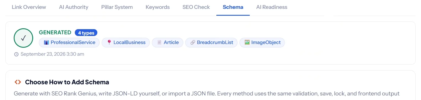 SEO Rank Genius schema tab in the post editor showing four generated types: Professional Service, Local Business, Article and Breadcrumb List