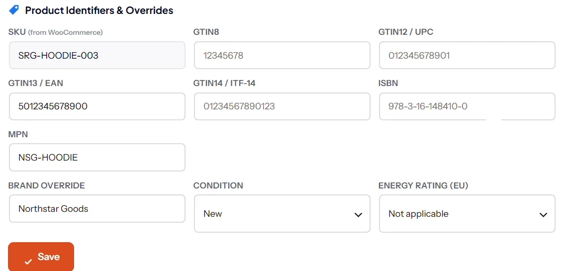 SEO Rank Genius product identifiers fields for SKU, GTIN8, GTIN12, GTIN13, GTIN14, ISBN, MPN, brand, condition and energy rating