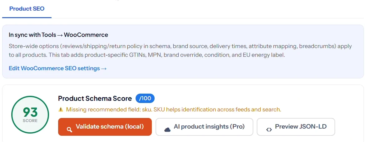 SEO Rank Genius Product SEO tab with a product schema score of 93 and buttons to validate schema and preview JSON-LD