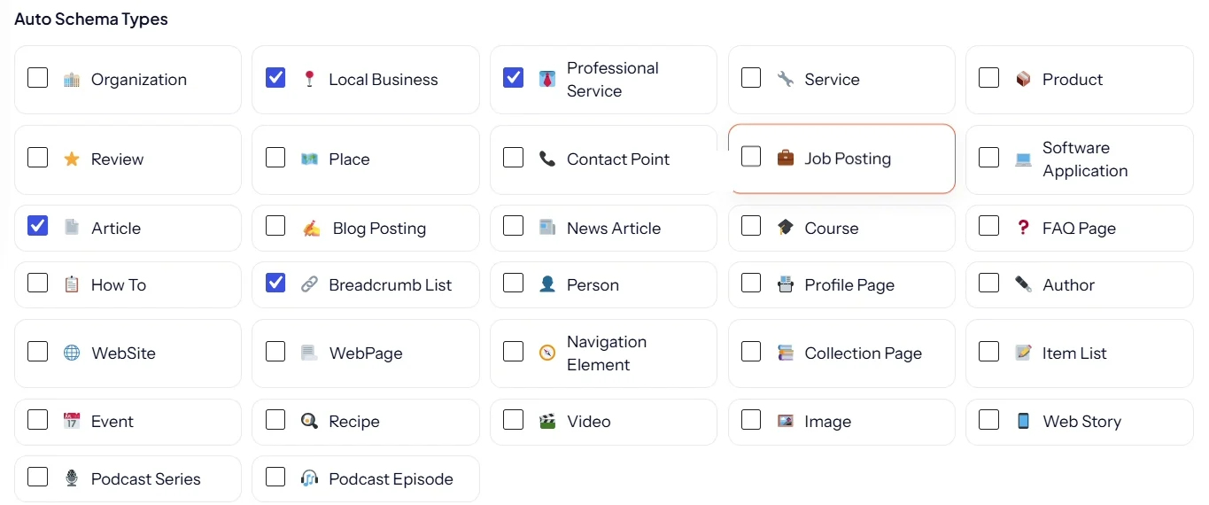 SEO Rank Genius auto schema types grid with Organization, Local Business, Professional Service, Article, Breadcrumb List and more
