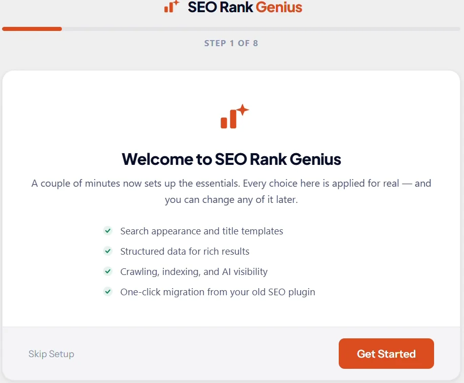 SEO Rank Genius setup wizard welcome screen listing search appearance, structured data, crawling and AI visibility, and migration from an old SEO plugin