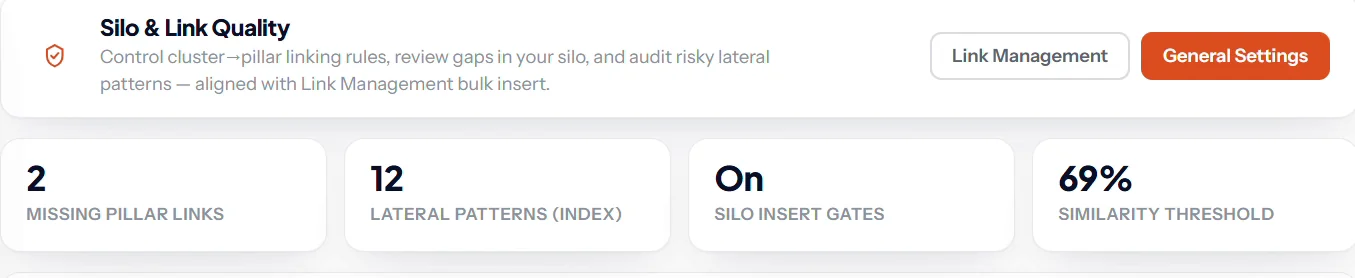 SEO Rank Genius Silo and Link Quality screen with missing pillar links, lateral patterns, silo insert gates and similarity threshold