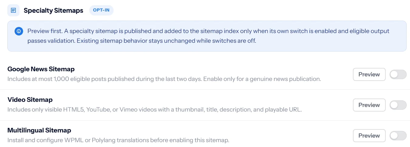 SEO Rank Genius specialty sitemaps for Google News, video and multilingual sites, each with a preview button
