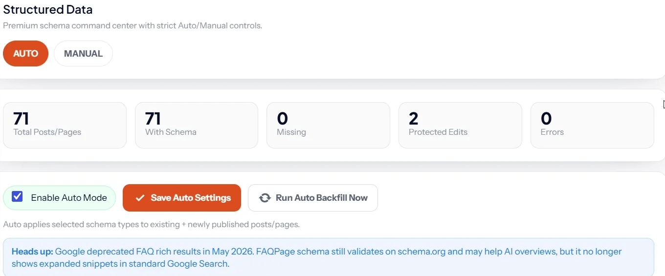 SEO Rank Genius Structured Data screen with Auto and Manual modes, schema counters and a notice about Google deprecating FAQ rich results