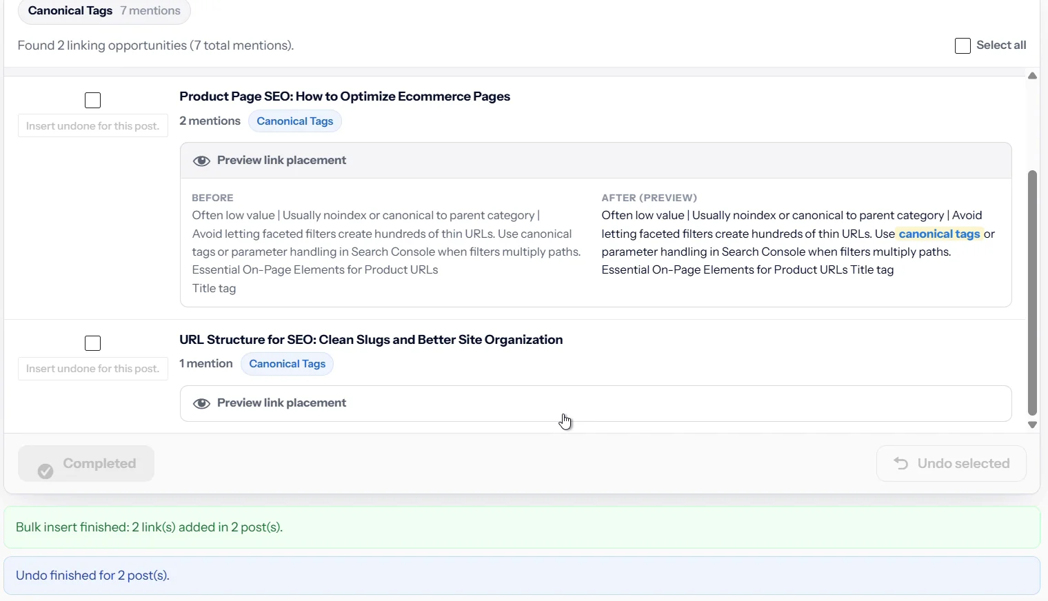 SEO Rank Genius showing bulk insert finished and undo finished for 2 posts