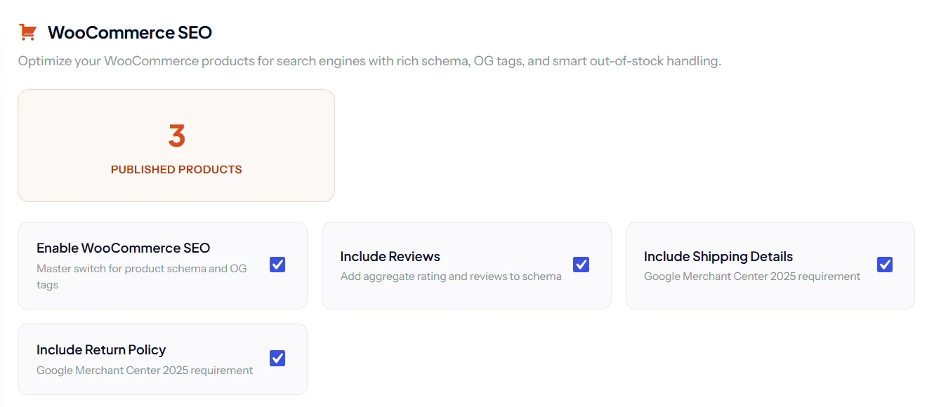 SEO Rank Genius WooCommerce SEO settings with product schema, reviews, shipping details and return policy switches