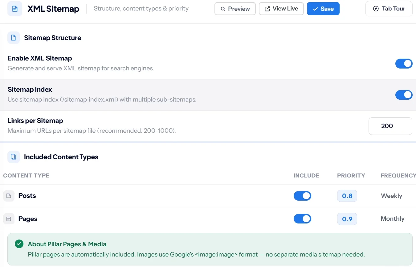 SEO Rank Genius XML Sitemap settings with sitemap index, links per sitemap and included content types