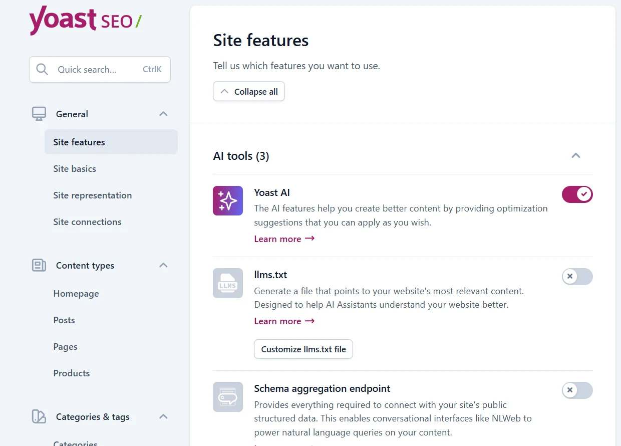 Yoast SEO site features settings with AI tools and llms.txt