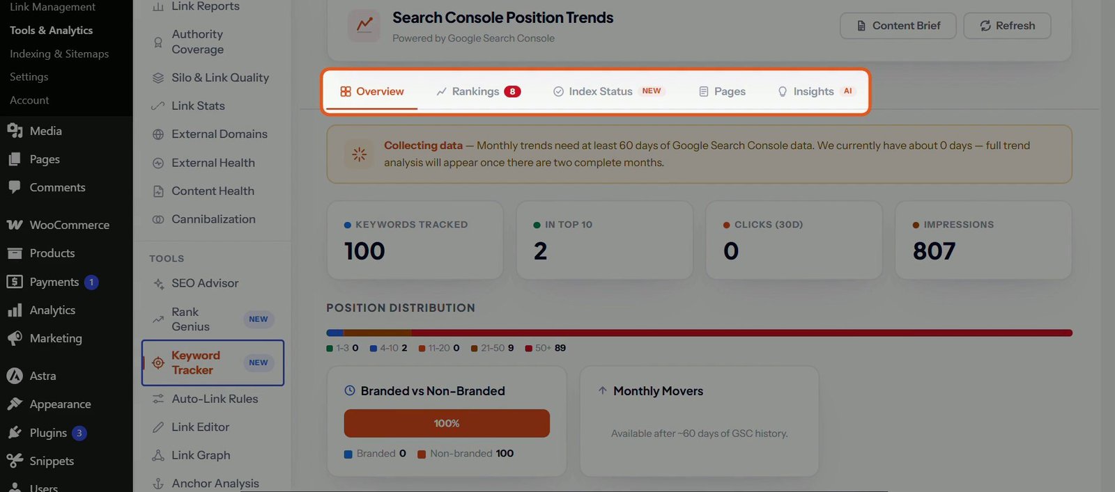 Keyword position tracking inside WordPress in SEO Rank Genius