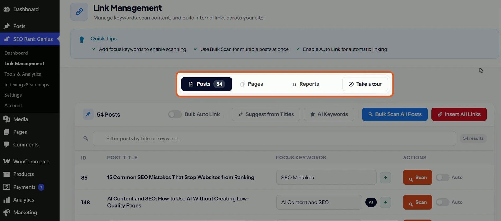 Bulk internal link building in SEO Rank Genius Link Management